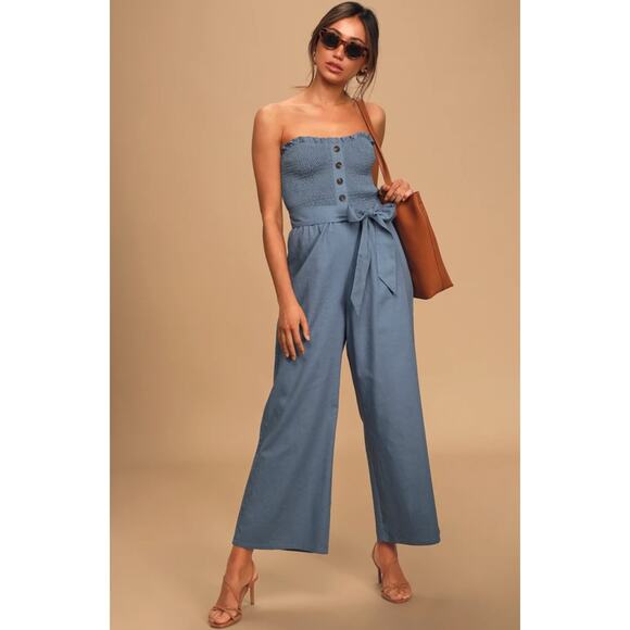 Lulu's Take A Wonder Denim Blue Smocked Linen Blend Wide-Leg Jumpsuit Size XS - Picture 2 of 10